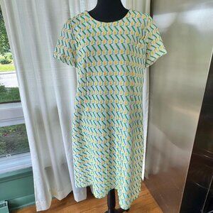 Vintage 60s dress, white, yellow, green zigzag, Mod textured knit
